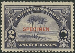 外国切手　リベリア　みほん　1928年　やしの木2ｃ SPECIMEN加刷　パンチ穴　1種