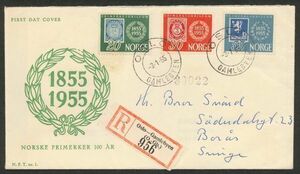 外国切手　初日カバー　FDC　ノルウェー　1955年　切手100年（337-9）　３種貼　書留実逓