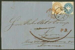 オーストリア切手 実逓カバー 紋章10kr(20),15kr(21)貼 フランス宛 WIEN 7 4 4.A(1864年) 着印有