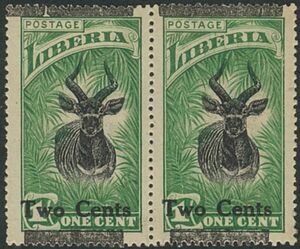 外国切手　リベリア　未使用　1926年　加刷2c/1c　加刷縦ズレペア　OH