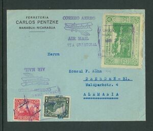 外国切手　封筒　カバー　エンタイヤ　ニカラグア　サン・ジョゼ－サン・ジュアン間鉄道開通　20c他2枚貼　米宛　航空便　MAR 5 1935