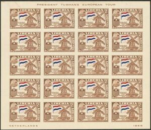 外国切手　リベリア　未使用　1958年　タブマン大統領訪欧　オランダ　無目打　1種　20面シート