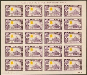 外国切手　リベリア　未使用　1958年　タブマン大統領訪欧　バチカン　無目打　黒印刷モレエラー　20面シート