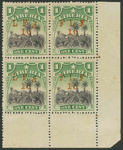 外国切手　リベリア　未使用　1916年　軍事加刷　コーナー田型ブロック　OH