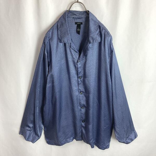 古着 総柄 オープンカラーシャツ 長袖シルク 幾何学模様 光沢感 ブルー青色XL