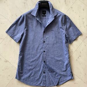 未使用級/L相当★ アルマーニ エクスチェンジ ARMANI EXCHANGE 上質リネンブレンド 半袖 シャツ ロゴ刺繍 綿麻 爽やかさ◎ ブルー系 メンズ