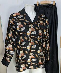 紳士パジャマ　シルクサテン　絹100％　メンズ　高級感　光沢　ブラック　　L(0)(0)