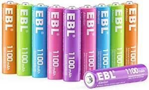 EBL 単4 充電池 カラフル充電式ニッケル水素電池1100mAh 10本入り 電池ケース付き 使い分け簡単 繰り返し充電可能 A