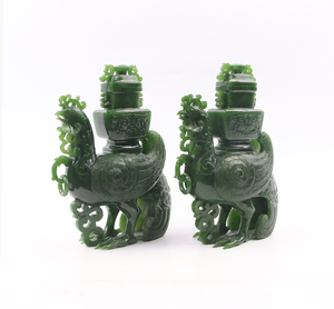 0173 時代物 中国美術 翡翠玉石 鳳凰形遊環付花瓶 砡製 細密透彫細工 一対 H18cm 置物 中国古玩