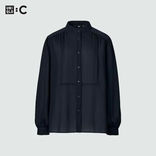 UNIQLO ボリュームスリーブブラウス S ネイビー ユニクロ NAVY シャツ 長袖 トップス カジュアル ユニクロシー