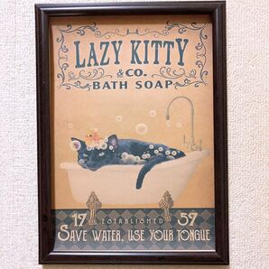 176: 基本的にお風呂は好きではありません。。。 フレーム付　パロディアート　ポスターインテリア オシャレ 猫 ポップアート