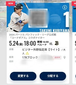 5/24 西武ライオンズ×オリックスバファローズ ビジター外野指定席 2枚連番 通路側含