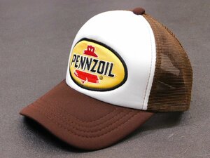 送料\350《 メッシュキャップ / PENNZOIL 》※ アメカジ　モーター　企業柄　ペンズオイル　刺繍　ブラウン×ホワイト