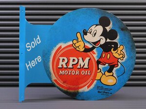 【RPM MOTOR OIL・ミッキーマウス】※《フランジメタルサイン・両面プリント》 アメリカン雑貨　ブリキ看板　ガレージ