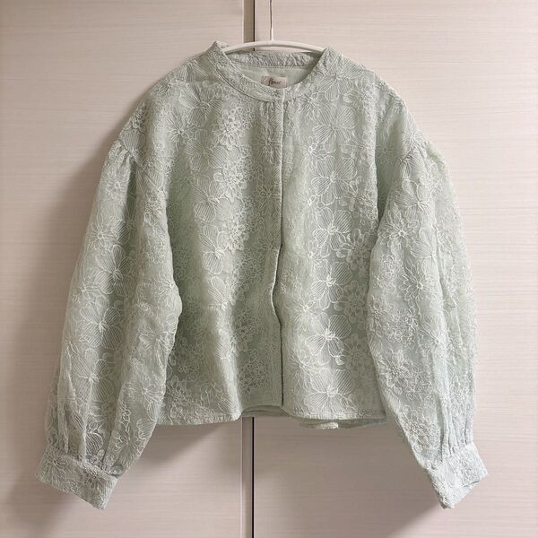 flower バンドカラーバルーンブラウス2 グリーン