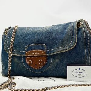 1 иен [ превосходный товар / принадлежности в наличии ] PRADA Prada Denim двойной цепь сумка на плечо ручная сумочка небольшая сумочка Gold металлические принадлежности оттенок голубого стандартный товар 