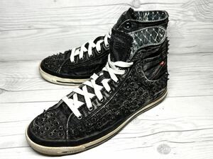 【即決】DIESEL メンズ 26.5cm ディーゼル ハイカット スニーカー くつ 靴 スニーカー 黒 ブラック スタッズ 棘 とげ デニム