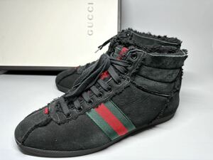 【即決】★箱保存袋付★ GUCCI グッチ メンズ 26.5cm程度 ハイカットスニーカー くつ ブラック 黒 カジュアル 高級 オシャレ ウェブライン