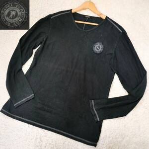 BURBERRY BLACK LABEL/ Burberry Black Label 3 size hose Logo patch long sleeve T shirt / border cut and sewn / long T men's black black color 