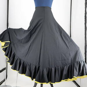 『送料無料』【美品 フラメンコ衣装】ブラック×イエロー ファルダ 大きく広がる裾 スカート レッスン用 Flamenco タンゴ