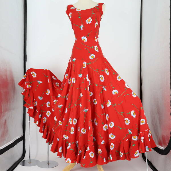 『送料無料』【美品 フラメンコ衣装】鮮やかレッド×花柄 ドレス 大きく広がる裾 Flamenco タンゴ ワンピース
