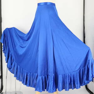 『送料無料』【美品 フラメンコ衣装】鮮やか光沢ブルー ファルダ 大きく広がる裾 スカート Flamenco タンゴ 