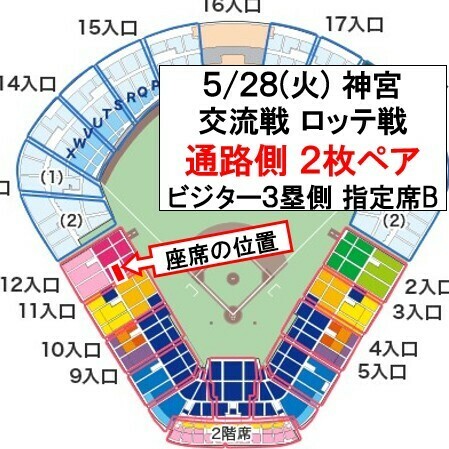 5/28(火)神宮ロッテ戦 通路側 2枚連番 3塁側 B指定席17～23段154～167番【送料無料】 交流戦 東京ヤクルトスワローズ 千葉ロッテマリーンズ