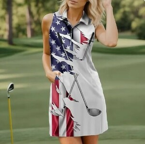 BK019:女性のアメリカ国旗テニスドレス、通気性、速乾性、吸湿発散性、半袖、ゴルフ服、夏
