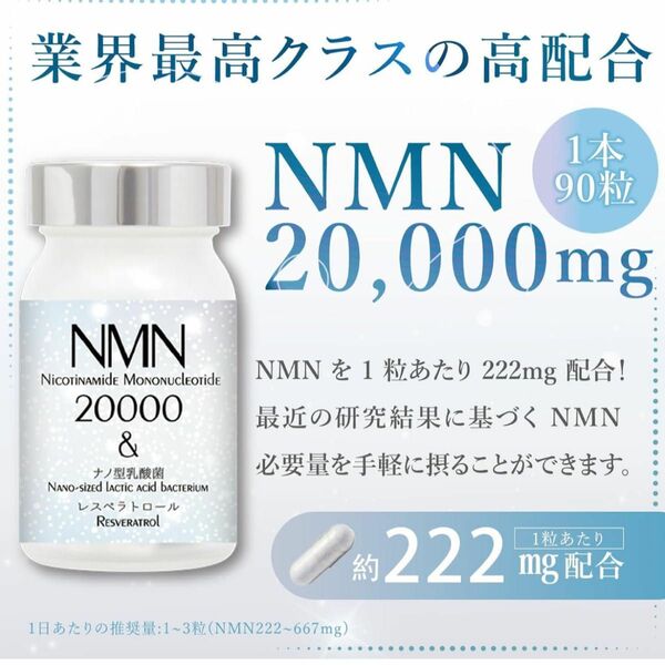 NMN サプリ20000mg (配合量/純度99.9%)90カプセル ナノ型乳酸菌 レスベラトロール GMP認定工場 日本製