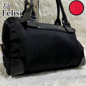 1円〜　極美品　Felisi フェリージ　ボストンバック　ナイロン　レザー　チャーム　ブラック　希少　トラベル　高級感　ロゴ　ミニ　自立型