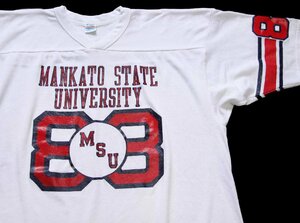 ★80s USA製 Championチャンピオン MSU 88 ナンバリング コットン×ナイロン フットボールTシャツ 白 XL★ビンテージ トリコタグ MANKATO