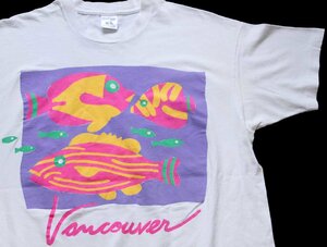 ★90s カナダ製 Vancouver 熱帯魚 蛍光 両面プリント アート コットンTシャツ 白 XL★オールド ビンテージ フィッシュ ネオンカラー