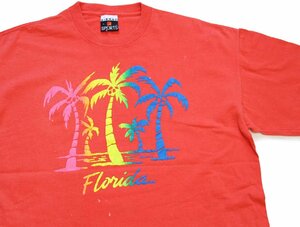 ★90s USA製 Florida ヤシの木 蛍光 発泡プリント アート コットンTシャツ オレンジ L★オールド ビンテージ レインボー ネオンカラー