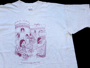 ★90s USA製 Curiosity Kilt The Cat キャット イラスト コットンTシャツ 杢ライトグレー XL★オールド イギリス ことわざ オーバーサイズ