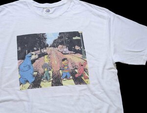 ★00s SESAME STREETセサミストリート The Beatlesビートルズ Abbey Road パロディ コットンTシャツ 白 XL★オールド エルモ バート キャラ