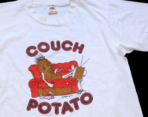 ★80s USA製 COUCH POTATO イラスト コットンTシャツ 白 M★オールド ビンテージ カウチポテト 揶揄 皮肉