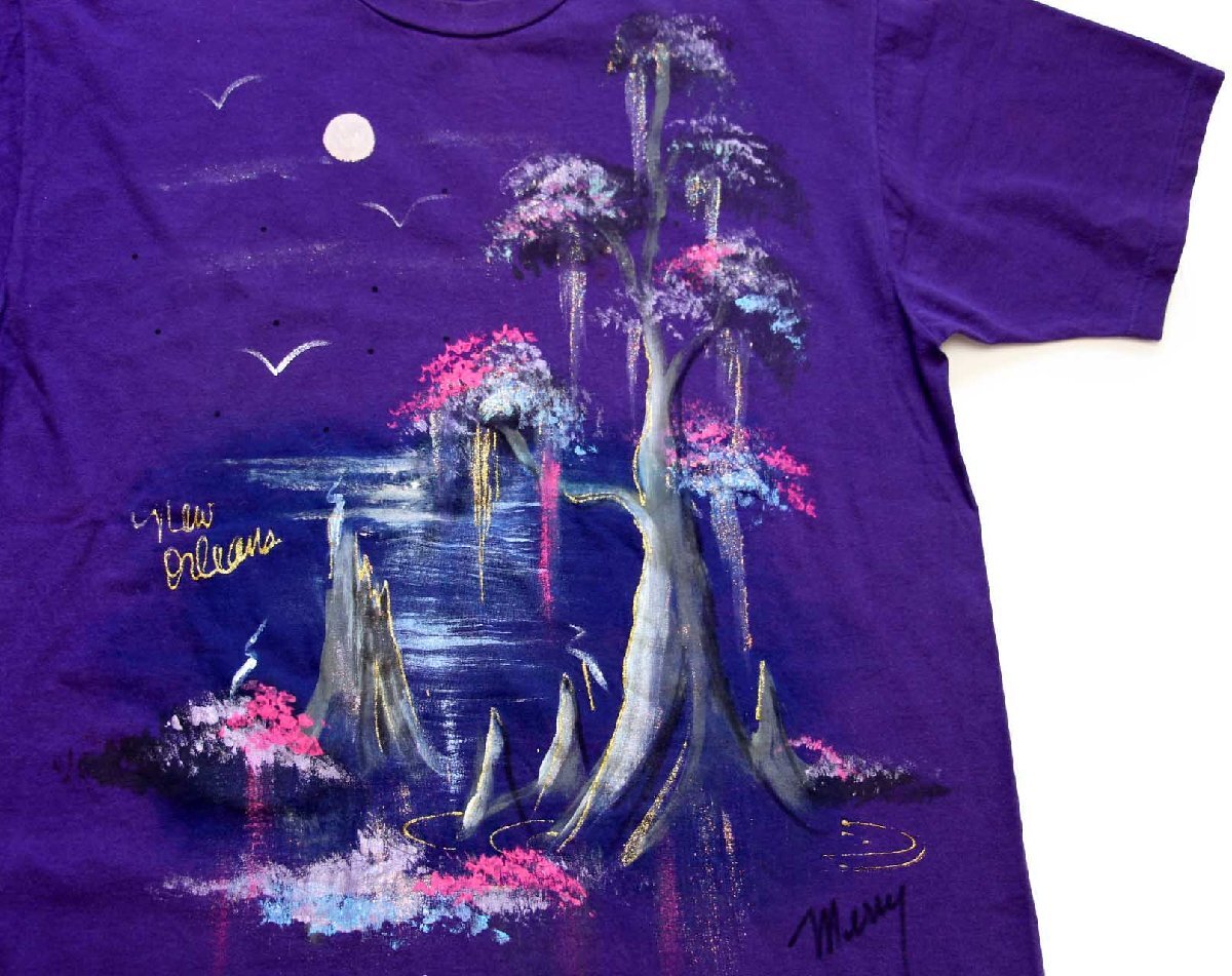 ★90 年代美国制造新奥尔良风景画手绘艺术棉质 T 恤紫色 XL★旧月光紫色男女通用超大码, XL尺寸及以上, 圆领, 一个例子, 特点