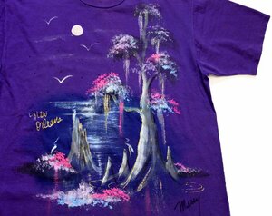 ★90s USA製 New Orleans 風景画 ハンドペイント アート コットンTシャツ 紫 XL★オールド 月明かり パープル ユニセックス オーバーサイズ