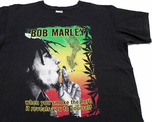 ★00s モロッコ製 BOB MARLEY ボブマーリー ガンジャ 両面プリント コットンTシャツ 黒 M★レゲエ ラスタ ミュージック マリファナ ユーロ