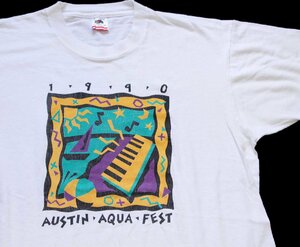 ★90s USA製 1990 AUSTIN AQUA FEST アート コットンTシャツ 白 L★オールド ビンテージ 音符 鍵盤 オースティン アクア フェスティバル