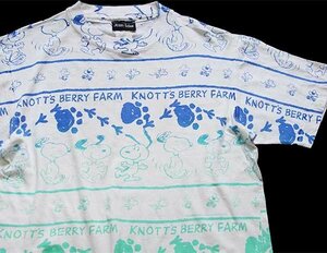 ★90s KNOTT'S BERRY FARM スヌーピー ウッドストック オールオーバープリント コットンTシャツ 白★ビンテージ キャラ ピーナッツ