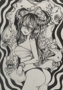 手描きイラスト★オリジナル　B５サイズ ペン画　モノクロ　少女　『悪魔のリース。』