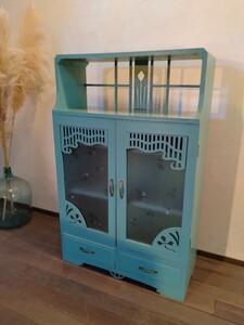 R60514-1 retro pop green color wooden glass cabinet width approximately 73cm depth approximately 31cm height approximately 115cm