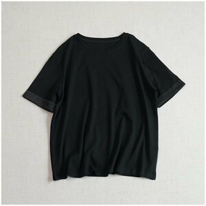 ｍ 240518 チュニック Tシャツ 上着 フリーサイズ ナチュラル系 綿100％コットン　肌触り＆通気性抜群 ブラック 袖口回り貼り花