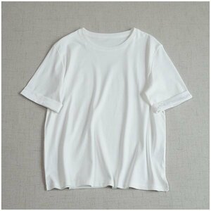 ｍ 240518 チュニック Tシャツ 上着 フリーサイズ ナチュラル系 綿100％コットン　肌触り＆通気性抜群 ホワイト 袖口回り貼り花