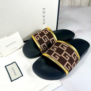 [ прекрасный товар ] GUCCI Gucci G парусина сандалии пляжные шлепанцы 9 размер ( примерно 26.5~27cm соответствует ) Brown коробка * сумка для хранения * карта есть 