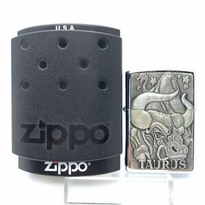 【火花◯/未使用品】 ZIPPO ジッポ/ジッポー 立体メタル TAURUS 牡牛座 シルバーカラー 喫煙具 オイルライター 