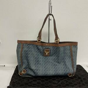 営NI011-80◆ GUCCI グッチ GGロゴ デニム ブラウン レザー トートバッグ 141472 001364 