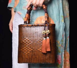 very popular * bamboo braided bag diagonal .. retro bamboo bag tea utensils storage basket 