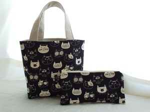 ★ハンドメイド★cat*猫フェイス*ミニバッグ＆ボトルケース*ランチバッグ*トートバッグS*黒♪ねこ